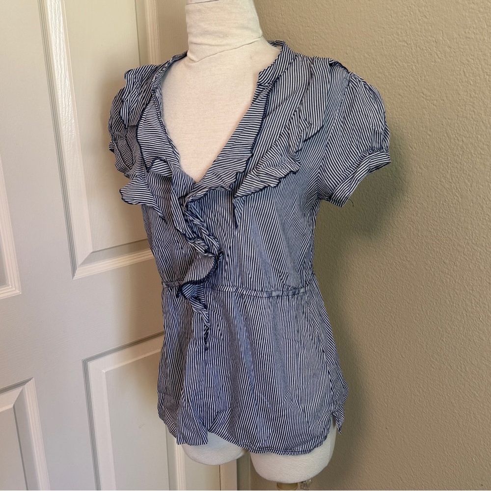 H&M navy blue striped ruffle neck blouse 10